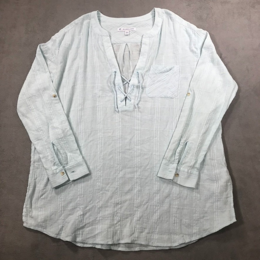 Southern Tide Shirt Women XL Blue Popover Tunic Long Sleeve Gauze Beach Coastal
